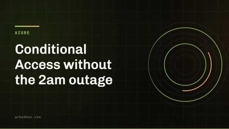 Conditional Access without the 2am outage — Azure article banner on grbadhon.com