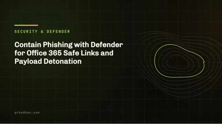 Contain Phishing with Defender for Office 365 Safe Links and Payload Detonation. Security & Defender article banner on grbadhon.com