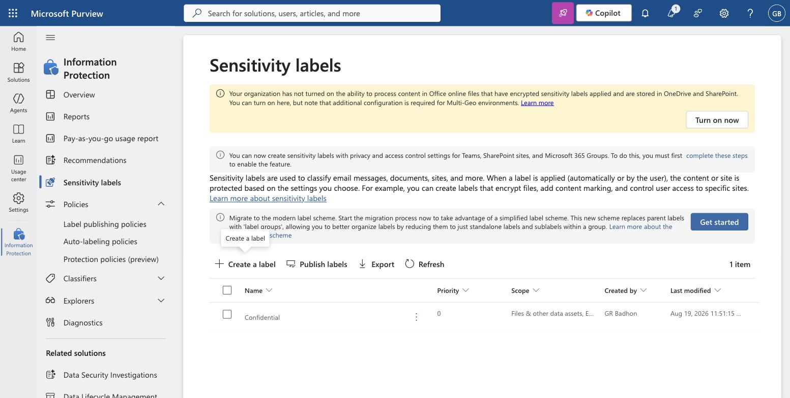 Create sensitivity labels list in Microsoft Purview showing one label named Confidential with priority and scope columns
