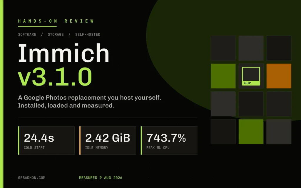 Immich v3.1.0 review banner: 24.4s cold start, 2.42 GiB idle memory, 743.7% peak machine-learning CPU