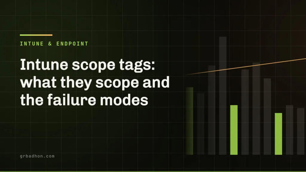Intune scope tags: what they scope and the failure modes. Intune & Endpoint article banner on grbadhon.com