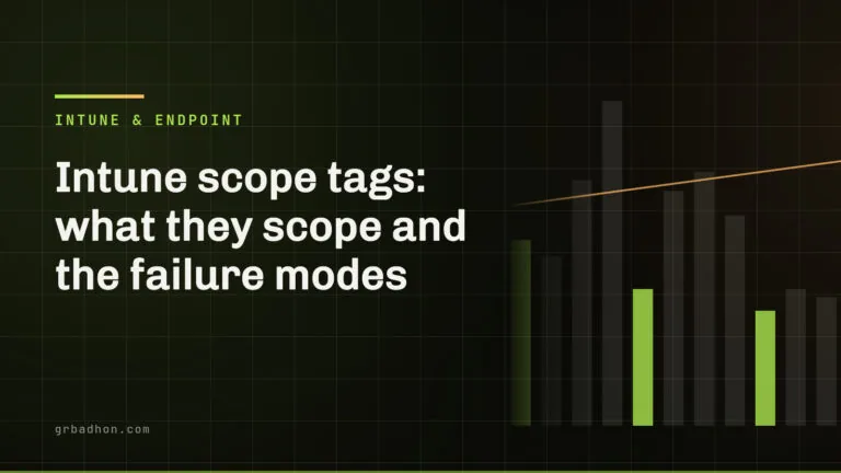 Intune scope tags: what they scope and the failure modes. Intune & Endpoint article banner on grbadhon.com