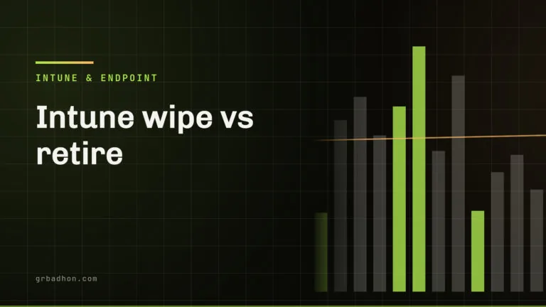 Intune wipe vs retire: which action to use, and the order that stops data being orphaned. Intune & Endpoint article banner on grbadhon.com