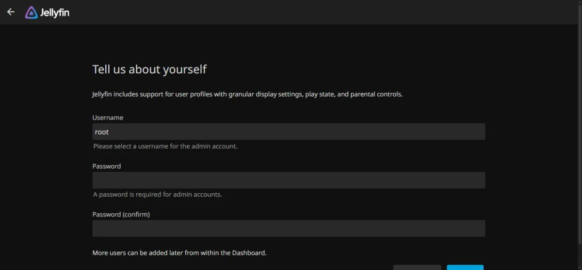 Jellyfin setup wizard admin account step asking for username and password
