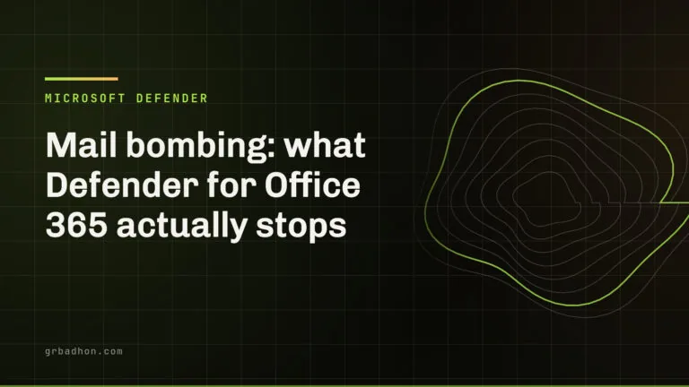 Mail bombing: what Defender for Office 365 actually stops. Microsoft Defender article banner on grbadhon.com