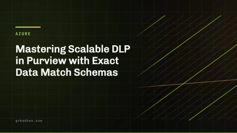 Mastering Scalable DLP in Purview with Exact Data Match Schemas. Azure article banner on grbadhon.com