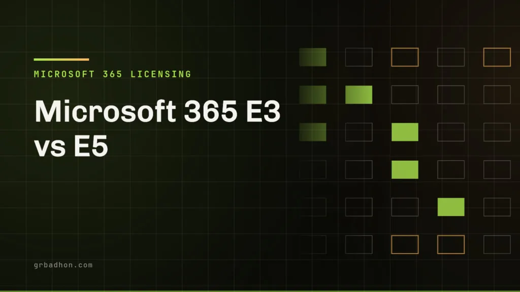 Microsoft 365 E3 vs E5: the three cliff edges that actually justify the uplift. Microsoft 365 Licensing article banner on grbadhon.com