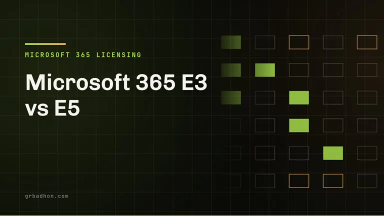 Microsoft 365 E3 vs E5: the three cliff edges that actually justify the uplift. Microsoft 365 Licensing article banner on grbadhon.com