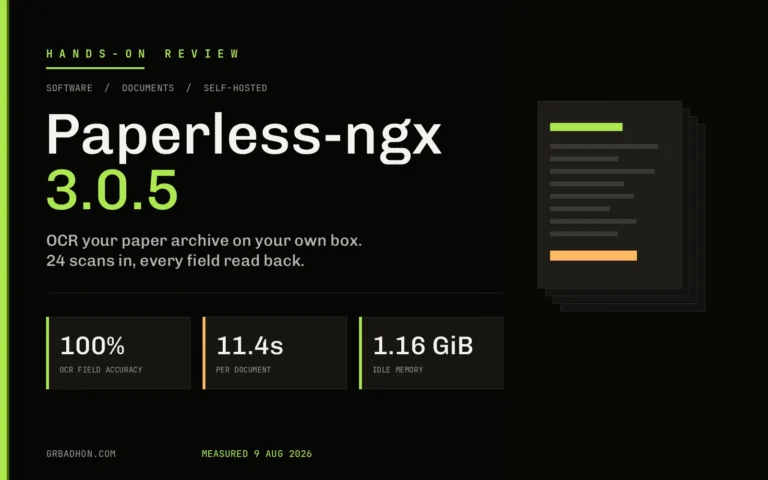 Paperless-ngx 3.0.5 review banner: 100 percent OCR field accuracy, 11.4 seconds per document, 1.16 GiB idle memory
