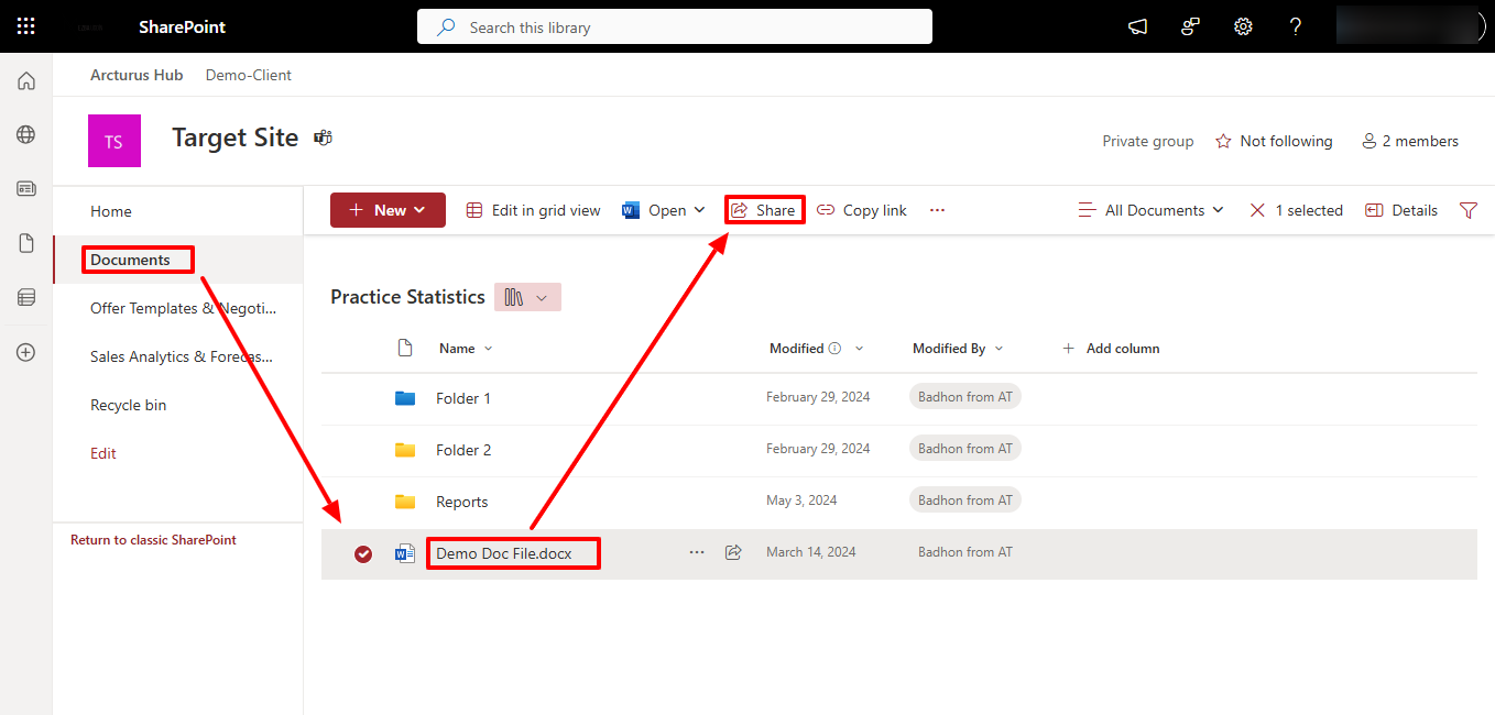 SharePoint Share button in the file list toolbar