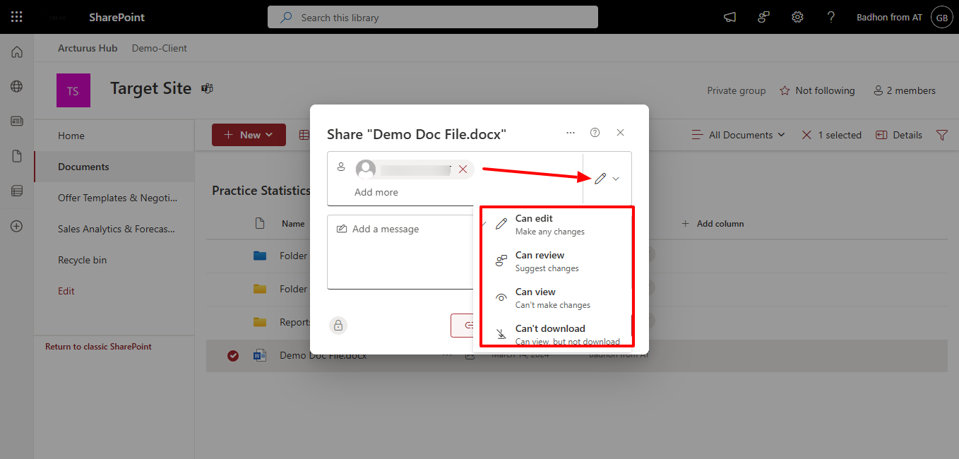 SharePoint sharing dialog with a recipient and message added before sending