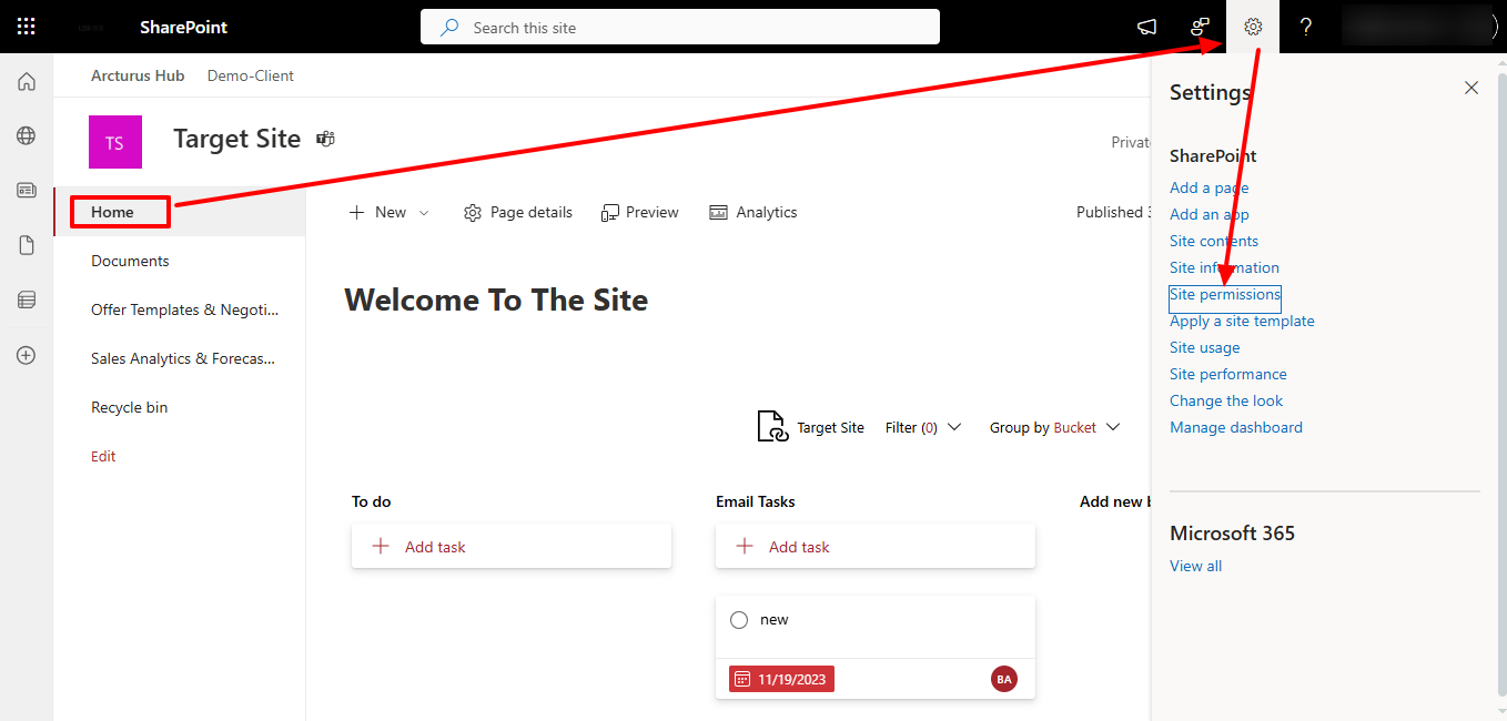 SharePoint site settings menu with the Site permissions option selected