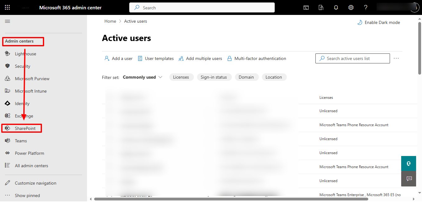 Microsoft 365 admin centre navigation opening the SharePoint admin centre