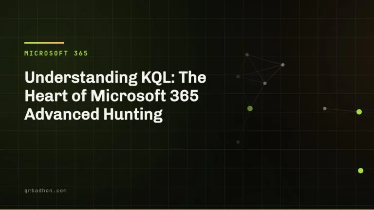 Understanding KQL: The Heart of Microsoft 365 Advanced Hunting — Microsoft 365 article banner on grbadhon.com