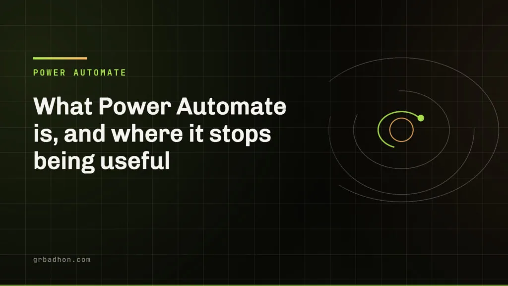 What Power Automate is, and where it stops being useful. Power Automate article banner on grbadhon.com
