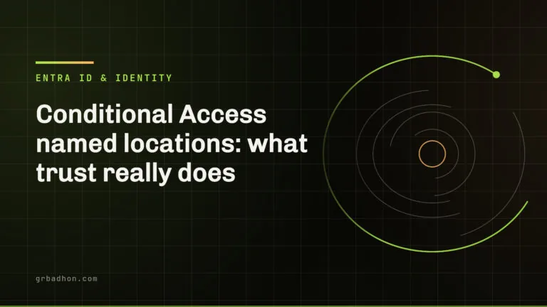 Conditional Access named locations: what trust really does. Entra ID & Identity article banner on grbadhon.com
