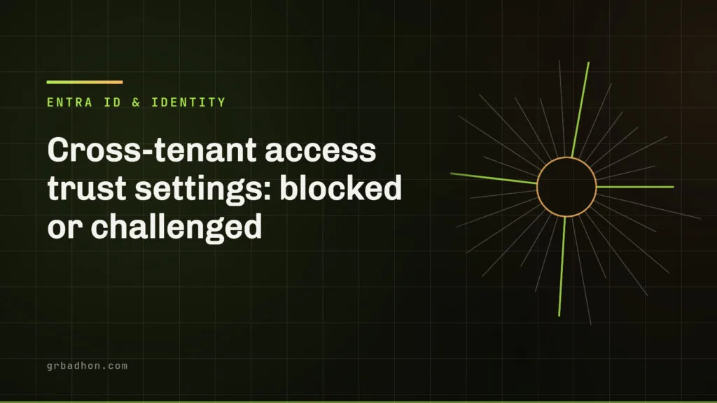 Cross-tenant access trust settings: blocked or challenged. Entra ID & Identity article banner on grbadhon.com