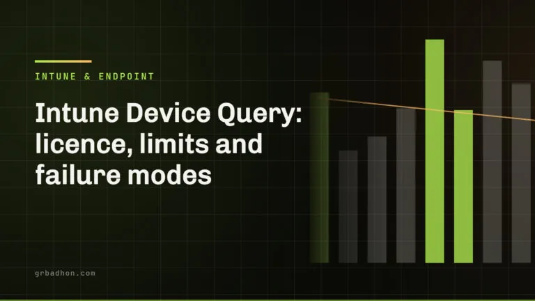 Intune Device Query: licence, limits and failure modes. Intune & Endpoint article banner on grbadhon.com