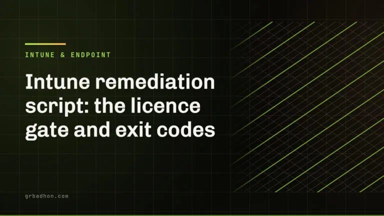 Intune remediation script: the licence gate and exit codes. Intune & Endpoint article banner on grbadhon.com