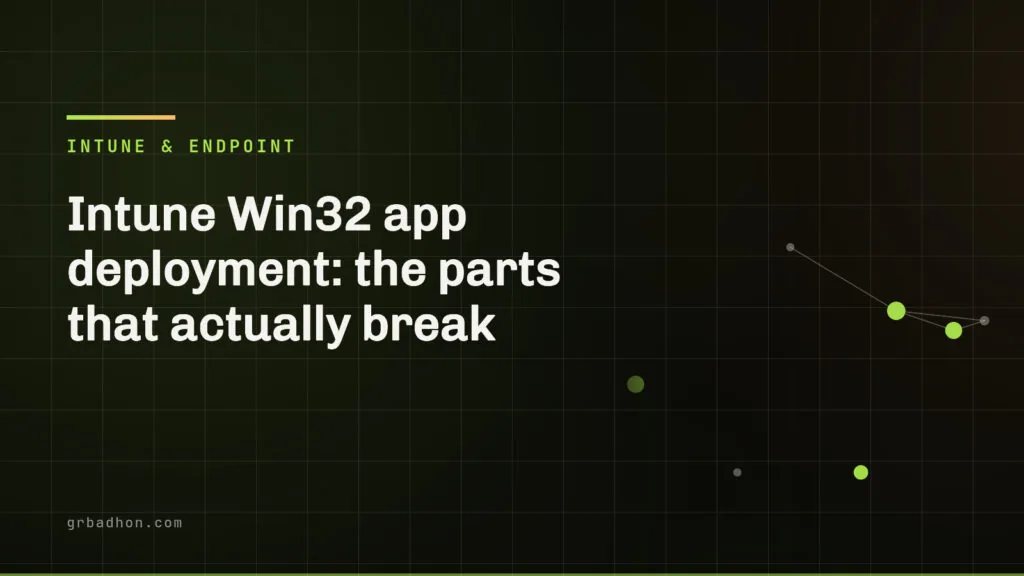 Intune Win32 app deployment: the parts that actually break. Intune & Endpoint article banner on grbadhon.com