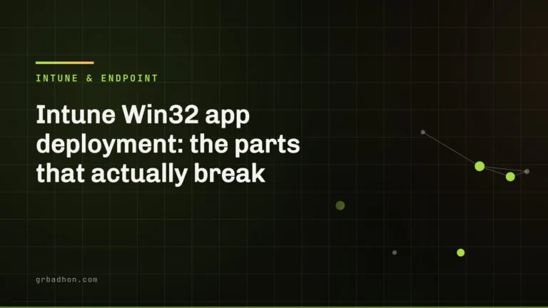 Intune Win32 app deployment: the parts that actually break. Intune & Endpoint article banner on grbadhon.com