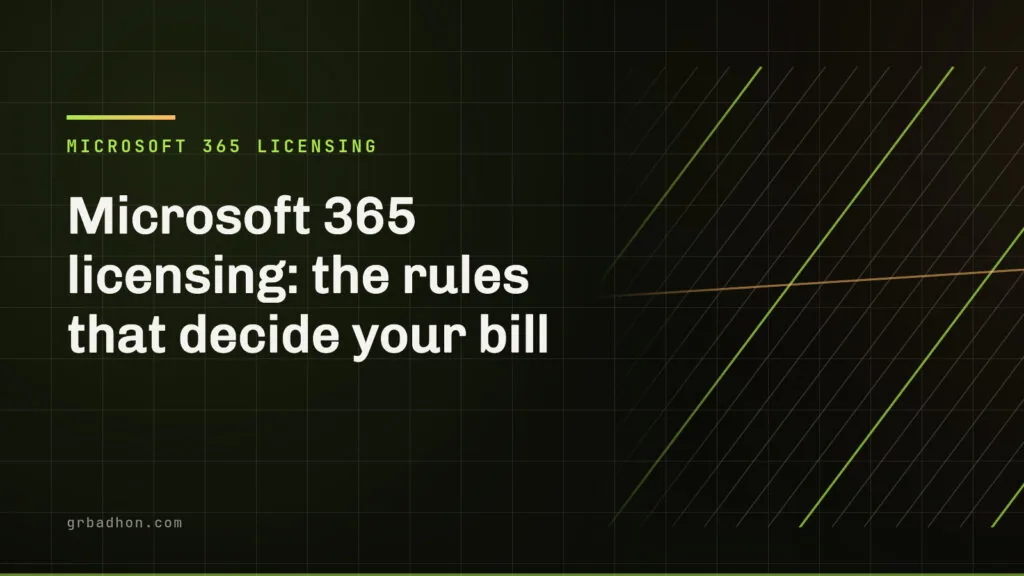 Microsoft 365 licensing: the rules that decide your bill. Microsoft 365 Licensing article banner on grbadhon.com