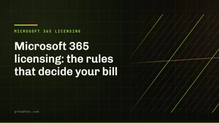 Microsoft 365 licensing: the rules that decide your bill. Microsoft 365 Licensing article banner on grbadhon.com